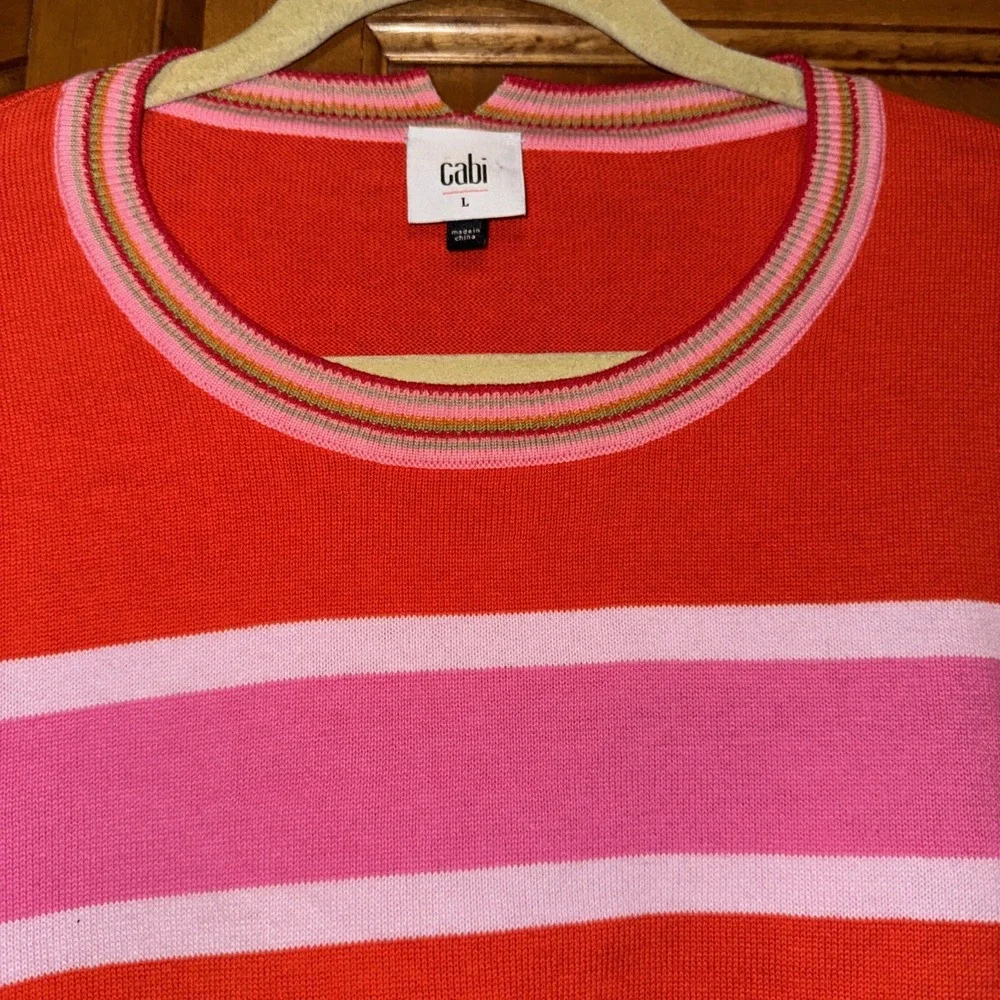 Cabi 6168 Womens Cadet Pullover Sweater Sz L Pink Orange Stripe Cotton Preppy - Picture 2 of 6